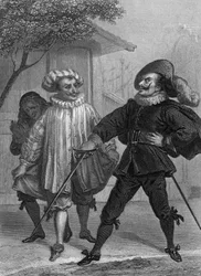 Das Spiel Scapins Streiche von Molière: Argante, Scapin und Sylvestre, Gravur von Delannoy nach einer Zeichnung von G. Staal (1870)