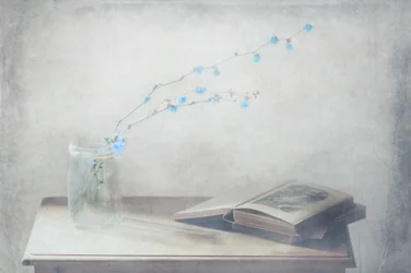 Vintage-Buch und blaue Blumen