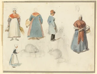 Blatt mit Skizzen: Männer, Frauen und Mäuse