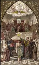 Der heilige Remigius tauft Chlodwig in Reims - Die Taufe des Königs der Franken Chlodwig I. (466-511) in Reims durch den Bischof Saint Remi am 25. Dezember 496 (oder 499) - Gravur nach dem Gemälde von Désiré François Laugée