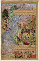 Jalal al-Din Khwarazm-Shah überquert den reißenden Indus-Fluss und entkommt Dschingis Khan und seiner Armee, 1597