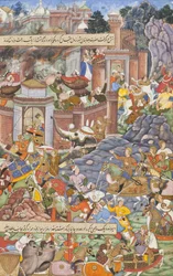 Flucht von Sultan Bahadur während Humayuns Kampagne in Gujarat, ca. 1590
