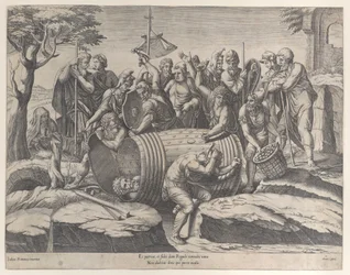 Marcus Atilius Regulus in einem Fass, während zwei Männer die Nägel einschlagen