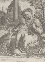 Die Heilige Familie in Ägypten, mit Joseph als Zimmermann im Hintergrund, [1577], neu veröffentlicht 1774