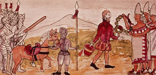 Fol. 208v Begegnung von Hernando Cortés (1485-1547) und Montezuma (1466-1520), Miniatur aus der „Geschichte der Indianer“ von Diego Durán, 1579 (Detail von 227180)