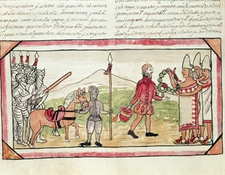 Fol.208v Treffen von Hernando Cortes (1485-1547) und Montezuma (1466-1520), Miniatur aus der 