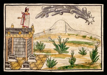 Montezuma beobachtet den Kometen, Miniatur aus der Geschichte der Indios