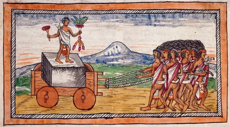 Die Azteken transportieren Steine zum Bau ihrer Städte, Aquarell aus der Geschichte der Indios von Diego Duran, Manuskript, Folio 188 recto
