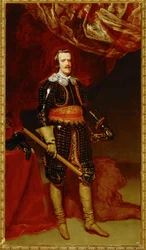Philipp IV. in Rüstung, mit einem Löwen zu seinen Füßen
