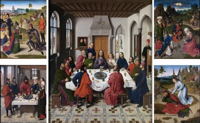 Das Sammeln von Manna und Passah (recto links), Das letzte Abendmahl (Mitte), Das Treffen von Abraham und Melchisedek und Elia, erweckt durch den Engel (1 Könige 19:5-6) (recto rechts)