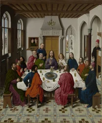 Das Sammeln von Manna und das Passahfest (recto links), Das letzte Abendmahl (Mitte), Das Treffen von Abraham und Melchisedek und Elia, geweckt durch den Engel (1 Könige 19:5-6) (recto rechts)
