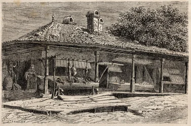 Eine Metzgerei und eine Bäckerei in Bukarest (Rumänien). Gravur zur Illustration der Reise von Paris nach Bukarest von Lancelot, Designer, im Jahr 1860, in „Le tour du monde, nouveau journal des voyages“, herausgegeben von Edouard Charton