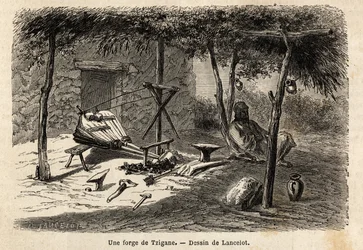 Eine Zigeunerschmiede in der Region Walachei, Rumänien. Gravur zur Illustration der Reise von Paris nach Bukarest, von Lancelot, Zeichner, 1860, veröffentlicht in „Le tour du monde, nouveau journal des voyages“, unter der Leitung von Edouard Charton