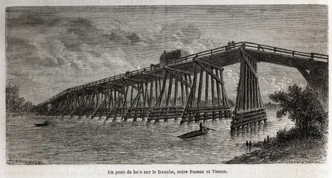 Eine Holzbrücke über die Donau, zwischen Passau und Wien, Zeichnung von Lancelot, zur Illustration von Victor Duruy