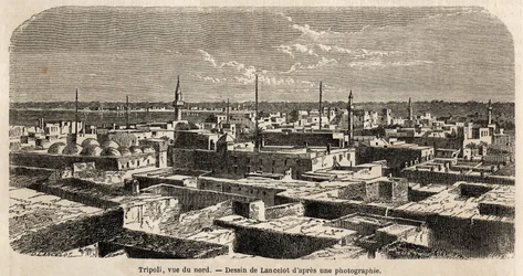 Gesamtansicht von Tripolis, Zeichnung von Lancelot, zur Illustration der Tripolitanischen Spaziergänge im Jahr 1860 von Baron de Krafft. Gravur in „Le tour du monde“ 1861. Sammlung Selva