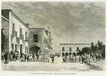 Rathaus von Valladolid. Gravur von Lancelot zur Illustration der Geschichte Ma dernière expédition au Yucatan, von Désiré Charnay, in Le Tour du monde 1887, unter der Leitung von Edouard Charton (1807-1890), Hachette, Paris.