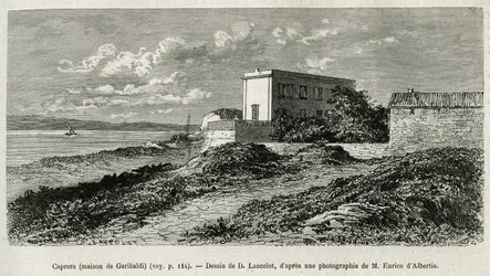 Das Haus von Giuseppe Garibaldi (1807-1882) in La Caprera (Sardinien), graviert nach einer Zeichnung von D. Lancelot, um die Geschichte von Syrien heute zu illustrieren, von Herrn Lortet, Dekan der Medizinischen Fakultät von Lyon, beauftragt mit einer wiss