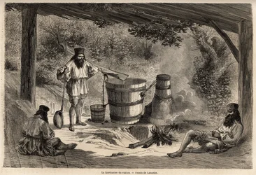 Die Herstellung von Rakiou, Getreidealkohol, eine Art Schnaps, der in Rumänien sehr verbreitet ist. Gravur zur Illustration der Reise von Paris nach Bukarest, von Lancelot, Zeichner, 1860, veröffentlicht in „Le tour du monde, nouveau journal des voyages“, 