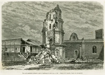 Turm der Kathedrale von Manila nach dem Erdbeben am 18. Juli 1880. Gravur von Lancelot zur Illustration der Geschichte Lucon und Palaouan, sechs Jahre auf den Philippinen, von Alfred Marche