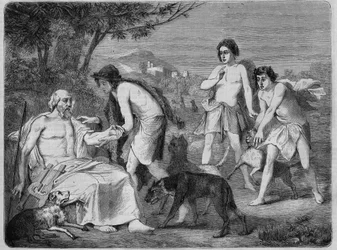 Homer auf der Insel Syros. Gravur von 1864, nach dem Gemälde von Maillard.