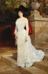 Porträt einer Dame, stehend in voller Länge, in einem cremefarbenen Kleid und einem roten Umhang