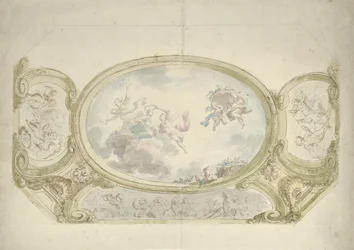 Entwurf für eine Deckenmalerei: Oval mit allegorischer Darstellung, umgeben von Szenen mit Putti
