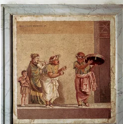Römisches Mosaik von Musikern und maskierten Schauspielern in einem Stück, Pompeji, Italien