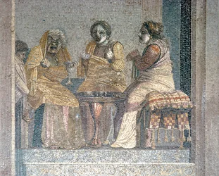 Römisches Mosaik einer Szene aus einem Stück mit maskierten Schauspielern, Villa von Cicero, Pompeji