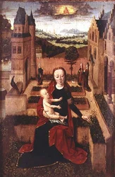 Madonna und Kind auf einer Mauer sitzend