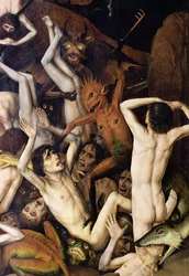 Hölle, Detail eines Dämons, der die Verdammten schlägt, ca. 1450