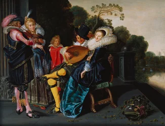 Eine elegante Gesellschaft macht Musik an einem Zierteich