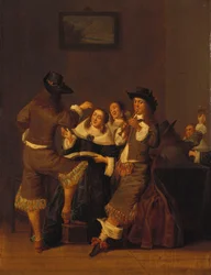 Elegante Figuren, die in einem Innenraum trinken und fröhlich sind, 1653