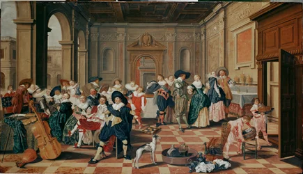 Elegante Gesellschaft in einer Renaissancehalle