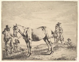 Mann hält ein Pferd am Zügel
