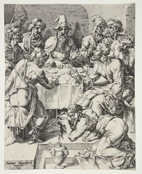 Maria Magdalena wischt Christus die Füße im Haus des Simon, des Pharisäers