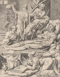 Der reiche Mann auf seinem Sterbebett, aus Das Gleichnis von Lazarus und dem reichen Mann, Platte 2, 1551