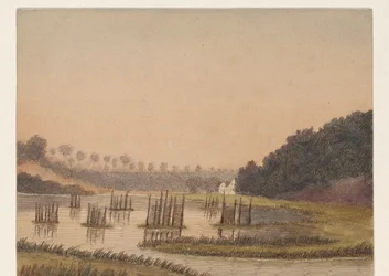 Moorlandschaft mit einem Gebäude in der Ferne