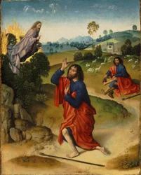 Moses und der brennende Dornbusch, mit Moses, der seine Schuhe auszieht, ca. 1465
