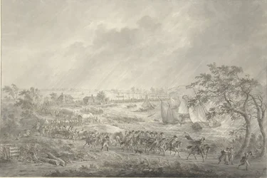Überfahrt der englischen und hannoverschen Truppen von Nijmegen nach Lent über die Schiffsbrücke über die Waal, 7. November 1794