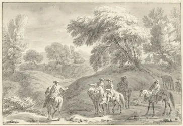 Hügelige Landschaft mit Jägern zu Pferd