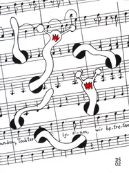 Fest der Freude - Zeichnung einer Partitur mit Würmern, die durch die Seite fressen