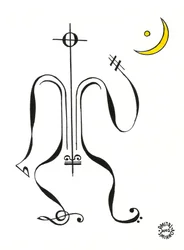 Stille - eine Figur, gezeichnet mit musikalischer Notation, mit dem Mond im Hintergrund