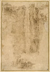 Landschaft mit einem Wasserfall; am Fuß zwei Männer, einer beritten