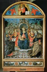Thronende Madonna, das Jesuskind, zwei Engel und die Heiligen Bartholomäus und Antonius Abbas ...