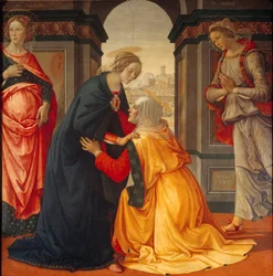 Heimsuchung: Die Jungfrau Maria besucht Elisabeth, zwischen Maria Jakobäa und Maria Salome, Zeuginnen der Kreuzigung und Auferstehung, 1491