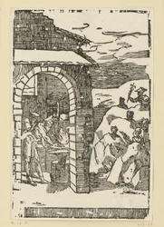 Der Ruf der Metalle. Hephaistos (Vulkan) und ein Gelehrter stehen am Feuer einer Schmiede, während draußen in den Felsen die Götter (als Repräsentanten der Metalle) versteckt sind: Saturn (Blei), Jupiter (Zinn), Venus (Kupfer), Luna (Silber), Merkur (Queck