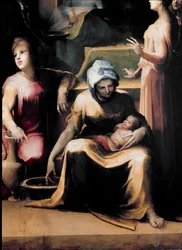 Die Geburt der Jungfrau. Detail zeigt eine Magd mit dem Neugeborenen