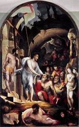 Der Abstieg Christi in die Vorhölle. Er hält ein weißes Banner mit einem roten Kreuz, ein Symbol der Auferstehung