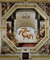 Der Sturz des Marcus Manlius Capitolinus, Konsul von Rom, von der Zitadelle des Kapitols während der gallischen Invasion 390 v. Chr., 1529-1530, Siena, Palazzo Casini Casuccini