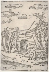 Der Fälscher steht neben einem Amboss und zieht einen Mann in Ketten, aus der Serie Die verschiedenen..., ca. 1540-1550